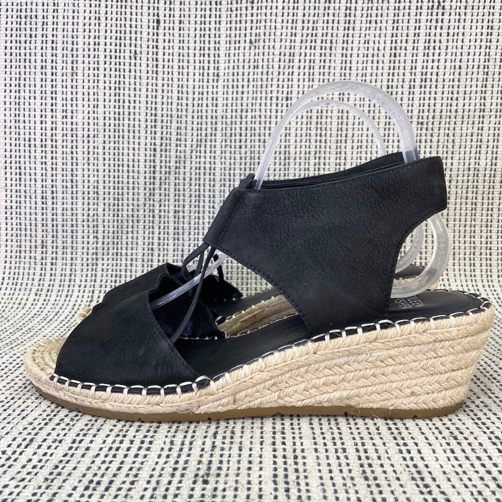Eileen Fisher Espadrille Sandals Sz 10 Black Suede Wedge Platform Resort Coastal